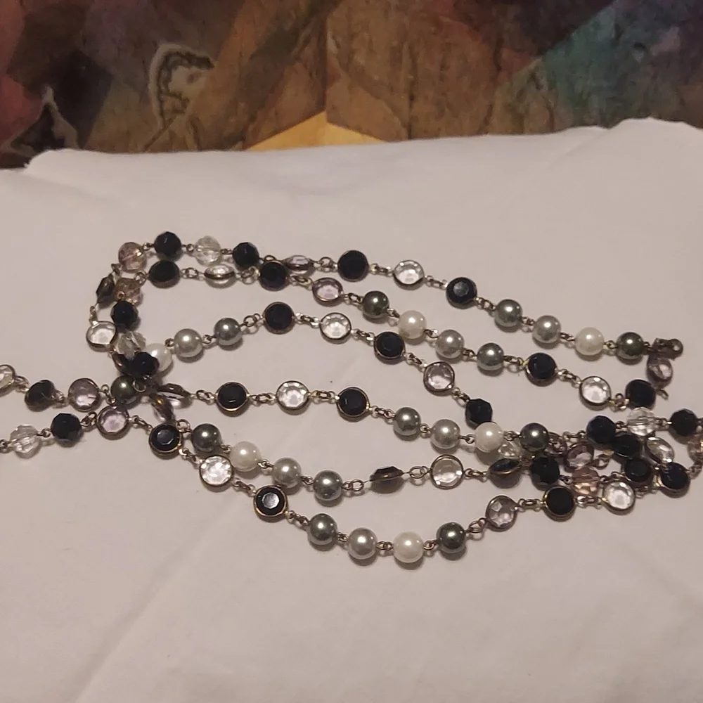 Premier Designs Necklace Faux Pearl Grey Black White Faceted Beads Silver Tone - Picture 3 of 4